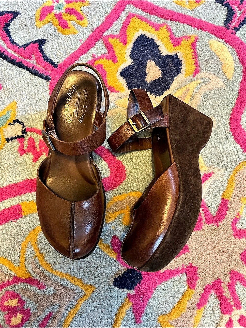 Kork-Ease Leather Mary Jane Platform Wedge Heels in Brown US 8